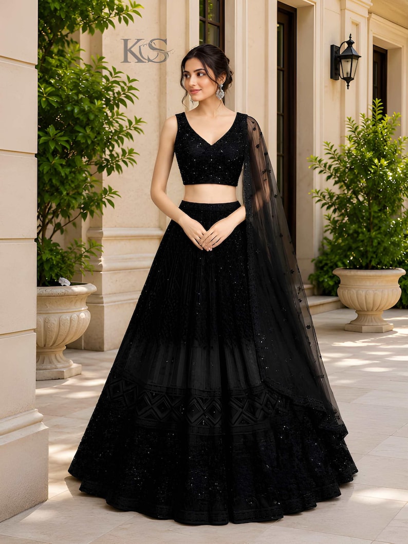 New Black Lehenga Choli Real Mirror Work Heavy Sequence Work Lehenga choli Garba Dress Chaniya Choli Ghagra choli Ready to Wear lehenga. image 1