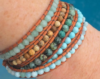 Pulsera espiral de 5 envolturas de color turquesa y jade