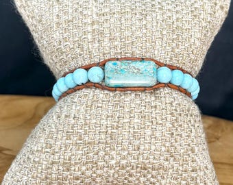 Turquoise Beaded Leather Wrap Bracelet with Azurite Focal