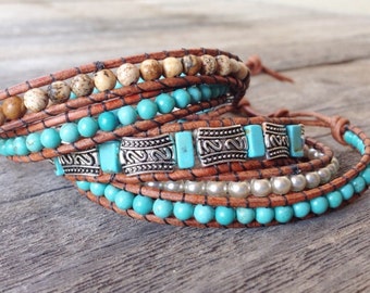 Turquoise, jasper, pearl, and silver 5-wrap bracelet