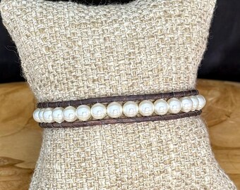 Pearl Beaded Leather Men's Wrap Bracelet