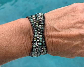 Pulsera/gargantilla/bota de cadena de rodio y turquesa africana de 2 vueltas