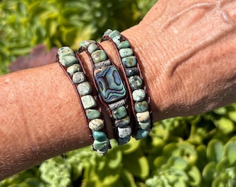 Collar de abulón con turquesa africana, 3 vueltas/banda para sombrero