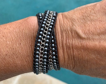 Hematita & Pulsera de cadena de rodio / Gargantilla / Bota 2-Wrap