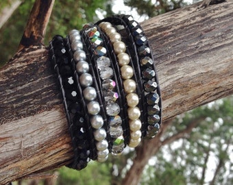 ¡¡¡EN OFERTA!!! Anillo de 5 vueltas de cristal negro y perla