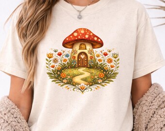 Cottagecore Mushroom Shirt, Fairy Cottage Tee, Mushroom House Graphic Tee, Whimsical Nature Shirt, Folk Art Shirt,