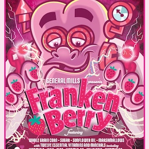 Op de afbeelding: Een vintage-stijl poster voor Franken Berry ontbijtgranen. Het roze en rode ontwerp toont een cartoon monster karakter met de naam van de ontbijtgranen in grote, roze letters. De poster bevat het General Mills logo en een lijst met ingrediënten.