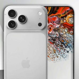 Puede incluir: Un smartphone plateado con una cámara de triple lente y un pequeño flash. La pantalla muestra un diseño abstracto colorido. El logotipo de Apple es visible en la parte posterior del teléfono.