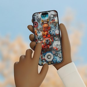 Puede incluir: Un smartphone en la mano de una persona, mostrando un gráfico detallado y colorido de componentes mecánicos. El diseño presenta elementos rojos, naranjas, azules y plateados, creando una estética industrial compleja. La pantalla del teléfono es el punto focal.