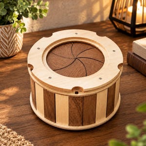 May include: A circular wooden box featuring a light-colored top rim and a side wall constructed from alternating light and dark wood vertical slats. The lid consists of a dark wood iris-style mechanism with six overlapping curved segments.