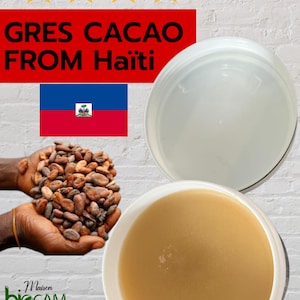 May include: Image featuring the text "GRES CACAO FROM Haiti" with the Haitian flag. Two white bowls are shown, one containing a light brown substance and the other empty. Cocoa beans are held in hands. The logo for Maison BioCAM Center is in the bottom left.
