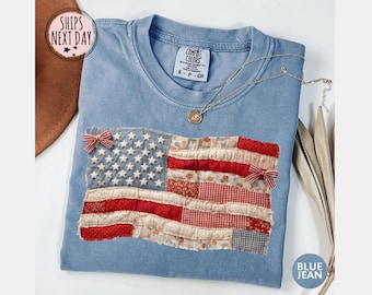 Comfort Colors® 4th of July Shirt - Retro American Flag Tee - Faux Patchwork USA Shirts