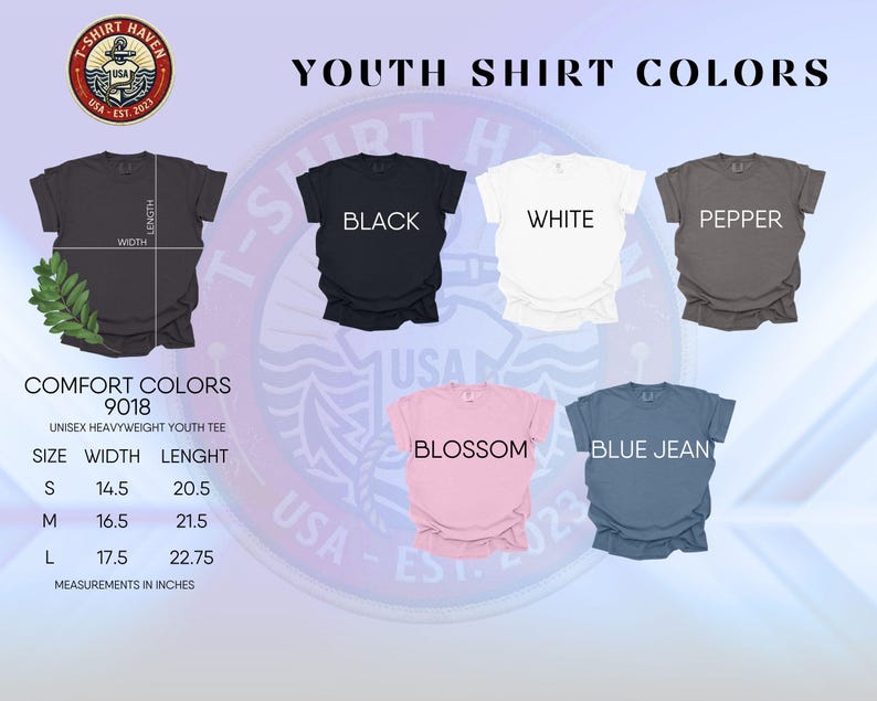 a collection of youth t-shirt colors, including black, white, pepper, blue jeans, and pink. The colors are arranged in a grid format, with each color represented by a different t-shirt design. The text provides information about the sizes and comfort levels of the t-shirts, as well as the names of the colors.