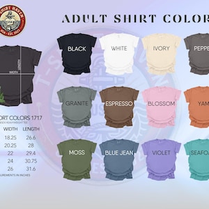 a collection of adult t-shirt colors, including black, white, ivory, pepper, and various shades of green, brown, and pink. The colors are organized in a grid format, with each row representing a different color and each column representing a different size. The image also includes a logo and text that provides information about the t-shirt colors, such as their names and measurements.