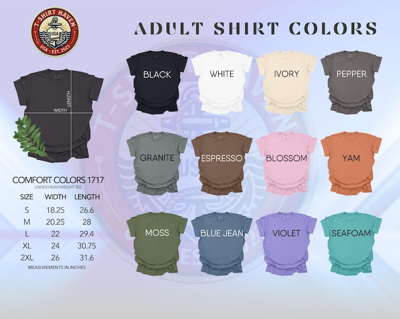 a collection of adult t-shirt colors, including black, white, ivory, pepper, and various shades of green, brown, and pink. The colors are organized in a grid format, with each row representing a different color and each column representing a different size. The image also includes a logo and text that provides information about the t-shirt colors, such as their names and measurements.