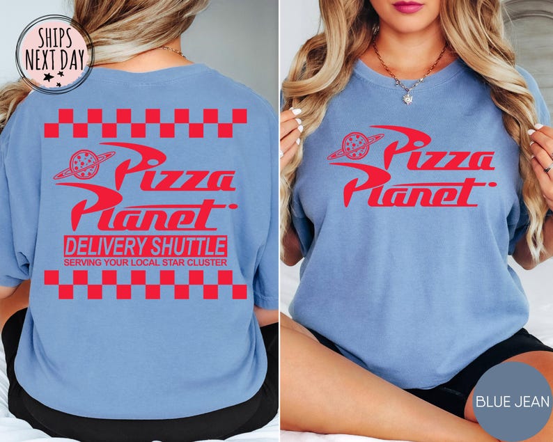 May include: Light blue t-shirts with the red "Pizza Planet" logo and text. The back of the shirt features the logo, "Delivery Shuttle," and "Serving Your Local Star Cluster." The front of the shirt also displays the logo.