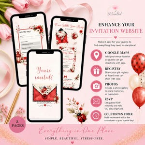 May include: Three smartphones display a digital invitation website featuring ladybug and red floral graphics. The text includes "Our little love bug," "You're invited!," and "ENHANCE YOUR INVITATION WEBSITE" with icons for maps, registry, photos, RSVP, and a countdown.