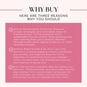 May include: A pink graphic with the text "WHY BUY" and "HERE ARE THREE REASONS WHY YOU SHOULD". The graphic lists three reasons to buy, including unlocking monetization potential, achieving rapid growth, and saving time.