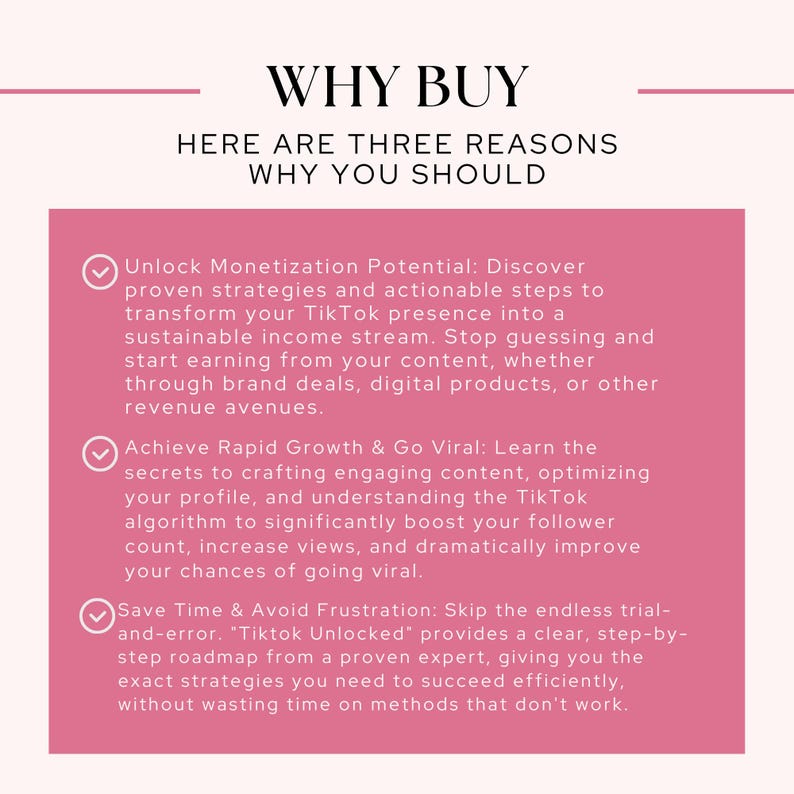 May include: A pink graphic with the text "WHY BUY" and "HERE ARE THREE REASONS WHY YOU SHOULD". The graphic lists three reasons to buy, including unlocking monetization potential, achieving rapid growth, and saving time.