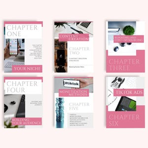 May include: A collection of six pink and white book covers with titles like "Chapter One: Your Niche" and "Chapter Two: Content Creation Strategies." Each cover features a related image and text.