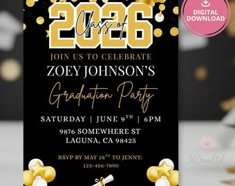 Class of 2026 Graduation Party Invitation Template, Black Gold Evite, Canva Template (Digital Download)