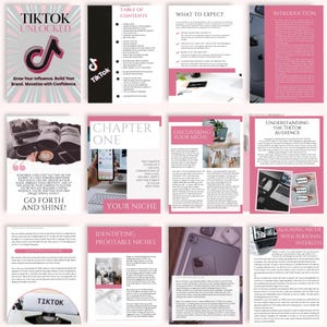 May include: A guide titled "TikTok Unlocked" with a pink and gray cover, featuring the TikTok logo. Inside, various pages detail content creation, audience understanding, and niche selection. The text "Grow Your Influence. Build Your Brand. Monetize with Confidence." is also visible.