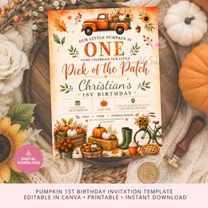 Könnte beinhalten: Eine rechteckige Einladungsvorlage für einen ersten Geburtstag mit einem orangefarbenen Lastwagen, Kürbissen, Sonnenblumen und Herbstlaub. Der Text lautet: Our Little Pumpkin Is One, Pick of the Patch, Christian's 1st Birthday, 10. Oktober, 14:00 Uhr.