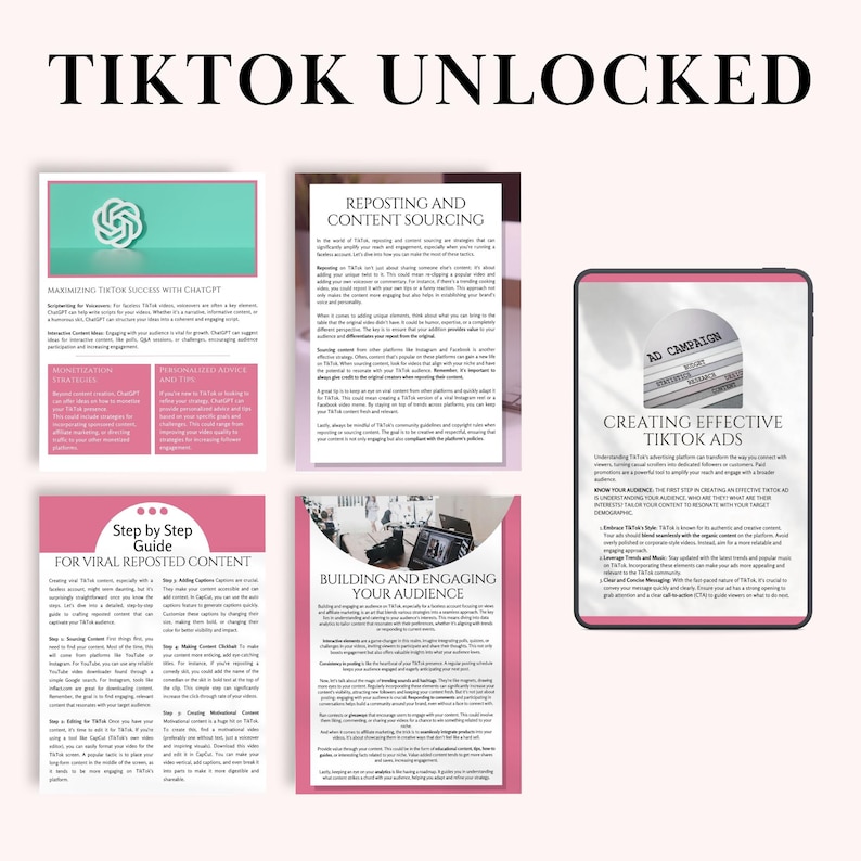 May include: A digital marketing guide titled "TikTok Unlocked" with pink and white pages. The guide covers topics like content sourcing, audience engagement, and creating effective TikTok ads. The cover features the TikTok logo.