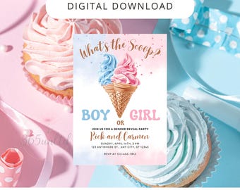What’s the Scoop Gender Reveal Invitation | Ice Cream Theme | Editable Canva Evite & Printable