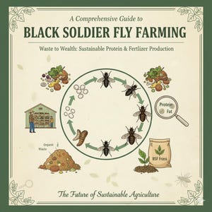 Puede incluir: Una guía ilustrada titulada "A Comprehensive Guide to Black Soldier Fly Farming". La imagen representa el ciclo de vida de la mosca soldado negra, con diagramas de residuos orgánicos, producción de proteínas y fertilizantes, y el texto "The Future of Sustainable Agriculture."