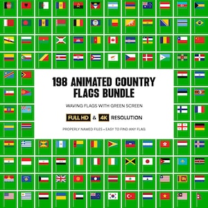 以下が含まれることがあります： 緑色の背景に198個のアニメーション化された国旗のグリッド。旗ははためいており、さまざまな国旗が表示されています。中央のテキストには「198 Animated Country Flags Bundle」と解像度の詳細が記載されています。