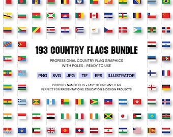 193 Country Flags with Poles Bundle PNG SVG | World Flag Clipart (Digital Download)