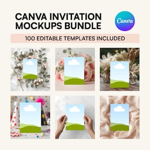 以下が含まれることがあります： Canva招待状モックアップバンドルのプロモーション画像。青い空と緑の丘のデザインの招待状テンプレートの6つのモックアップが特徴です。「CANVA INVITATION MOCKUPS BUNDLE」と「100 EDITABLE TEMPLATES INCLUDED」というテキストが表示されています。 Canvaのロゴも表示されています。