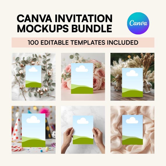 100 Canva Invitation Mockup Bundle, 5x7 Editable Card Display, Boho Wedding, Thank You, Greeting & Birthday Card Mockups for Creators