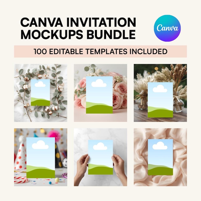 May include: A promotional image for a Canva invitation mockups bundle. The image features six mockups of invitation templates with a blue sky and green hill design. The text reads "CANVA INVITATION MOCKUPS BUNDLE" and "100 EDITABLE TEMPLATES INCLUDED". A Canva logo is also present.