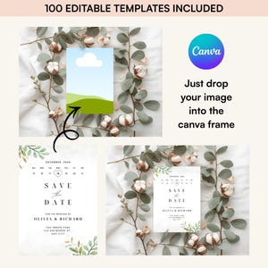 May include: A wedding invitation template with a minimalist design. The invitation features a calendar with the text "Save the Date" and the names "Olivia & Richard." The image is surrounded by eucalyptus and cotton branches. The Canva logo is visible.