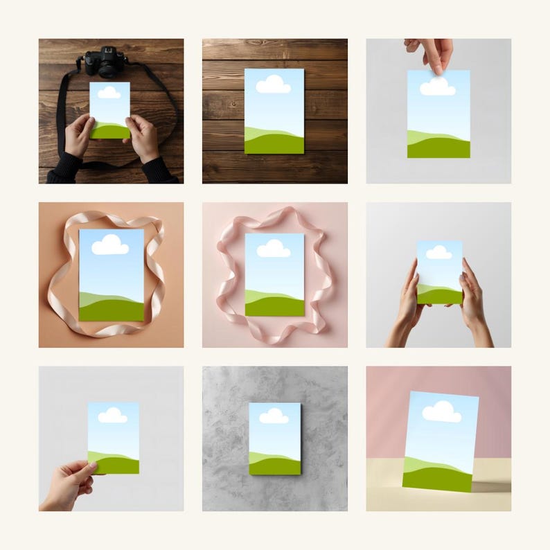 May include: A collection of nine images featuring a rectangular card with a landscape design. The card depicts a blue sky with a white cloud, green hills, and a light blue background. The cards are presented in various settings, including with hands, ribbons, and a camera.