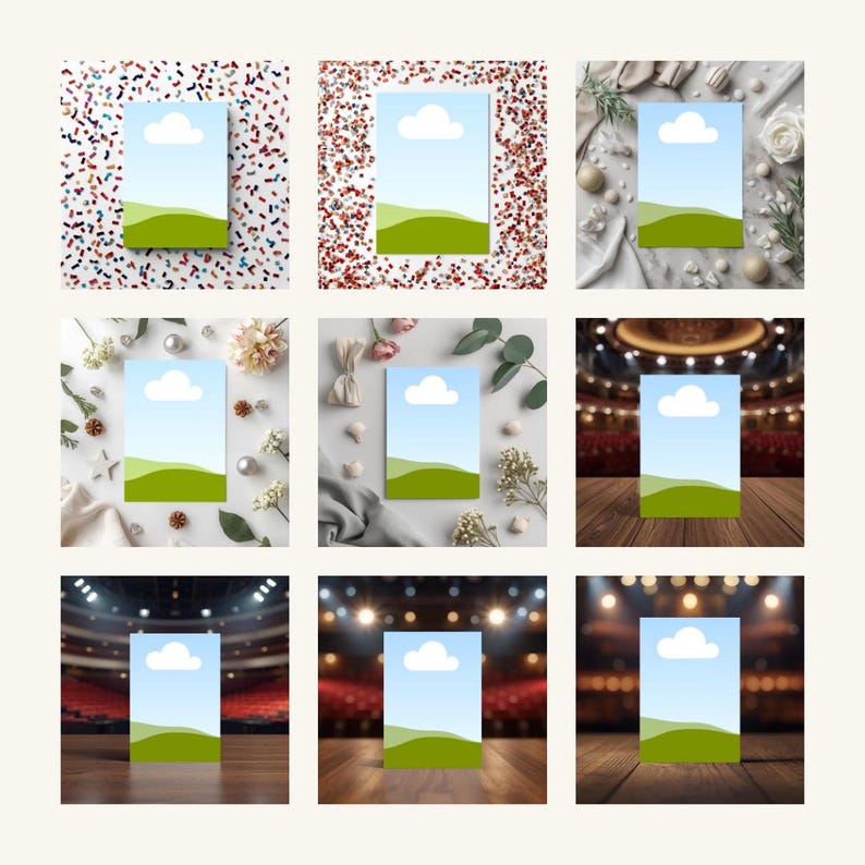 May include: Nine rectangular cards with a landscape design featuring a blue sky, white cloud, and green hills. The cards are displayed on various backgrounds, including confetti, flowers, and a wooden stage.