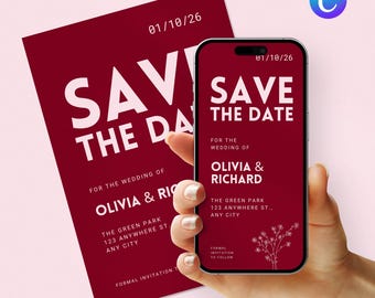 Save The Date Cards Burgundy Canva Template | Fall Wedding Invitation Digital Download | Floral Printable