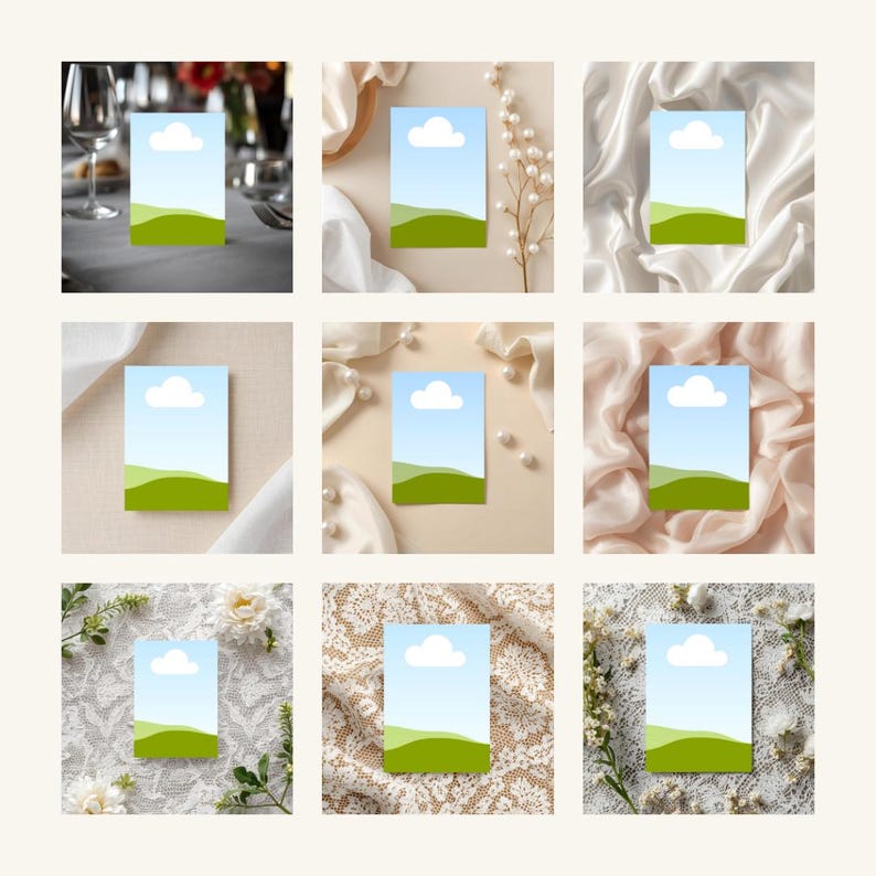 May include: Nine rectangular cards with a landscape design featuring a blue sky, white cloud, and green hills. The cards are arranged on various textured surfaces, including fabric and lace, with floral and decorative elements.