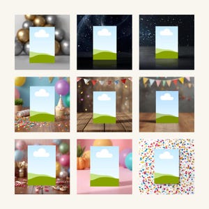 May include: Nine vertical rectangular images with a blue sky and green landscape design, each set against a different background. Backgrounds include gold balloons, a starry night, a birthday party scene, and confetti.