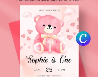 Teddy Bear Invitation Birthday Party Pink Watercolor Canva Template Editable Printable Ages 1-9