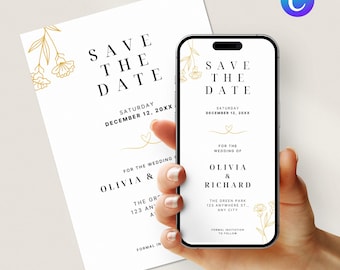 Save The Date Electronic Wedding E-Invite, Editable Digital Canva Template, Minimal Gold Floral Save the Date, Instant Download