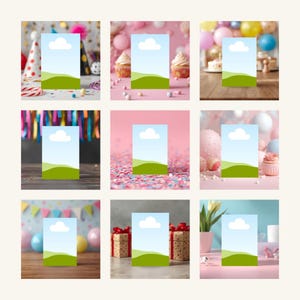 May include: Nine vertical rectangular cards with a blue sky and green landscape design, each set against a different festive background. The backgrounds include party hats, cupcakes, balloons, confetti, and wrapped gifts, suggesting a birthday or celebration theme.