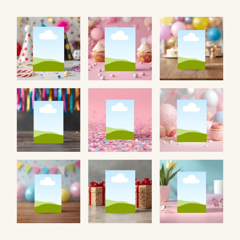 May include: Nine vertical rectangular cards with a blue sky and green landscape design, each set against a different festive background. The backgrounds include party hats, cupcakes, balloons, confetti, and wrapped gifts, suggesting a birthday or celebration theme.