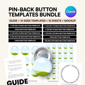 Button Pin Template Bundle Editable Canva Frames Printable Sheets Guide & Mockup for Sublimation in 10 Sizes, Custom Badge Circle labels