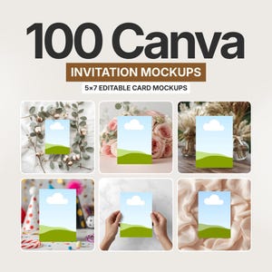 100 Canva-inbjudningsmockuppaket, 5x7 redigerbar kortdisplay, bohemiska bröllops-, tack-, hälsnings- och födelsedagskortmockups för kreatörer