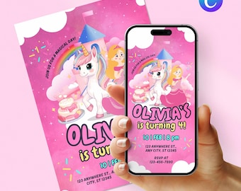 Unicorn Princess Birthday Invitation, Pastel Rainbow, Canva Template (Digital Download)