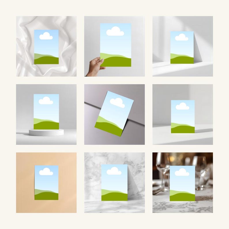 May include: Nine images of a landscape design on a rectangular card. The design features a blue sky with a white cloud, green hills, and a light blue background. The cards are displayed in various settings, including on a white surface and held by a hand.