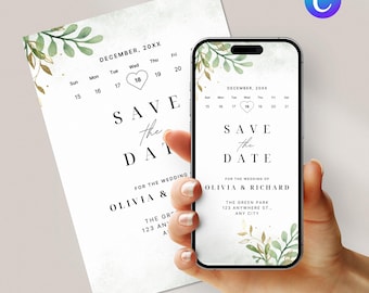 Save the Date Evite, Electronic Wedding Invitation, Greenery Gold Save Date, Editable Digital Canva Template, Instant Download